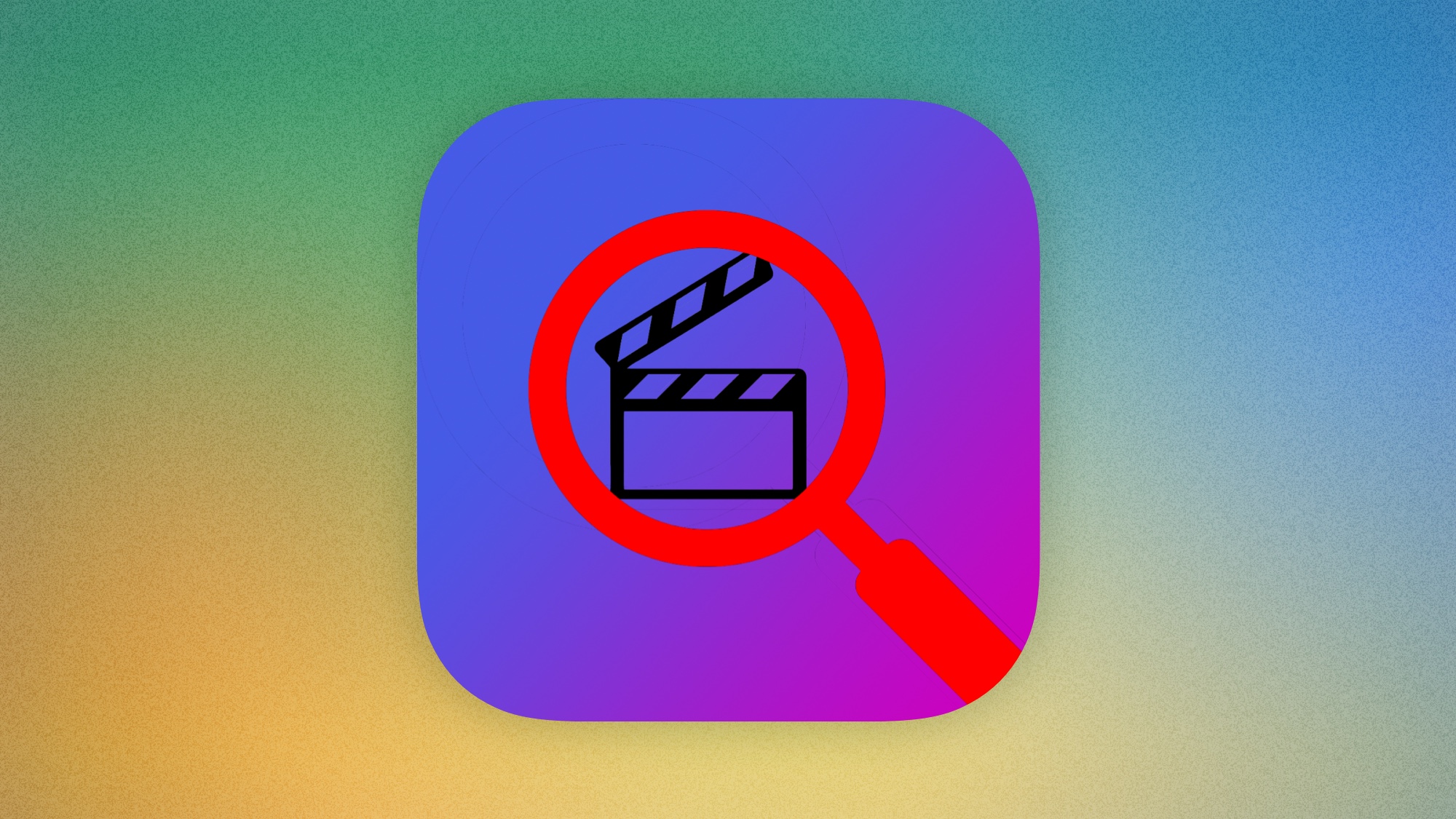It's no message bubble with feet, but the concept has hands. An app icon centred over a colourful background. It depicts a red magnifying glass with a depiction of a film slate showing in the lens. The clapper stick is open. The background of the icon is a gradient from blue in the top left corner to purple in the bottom right.